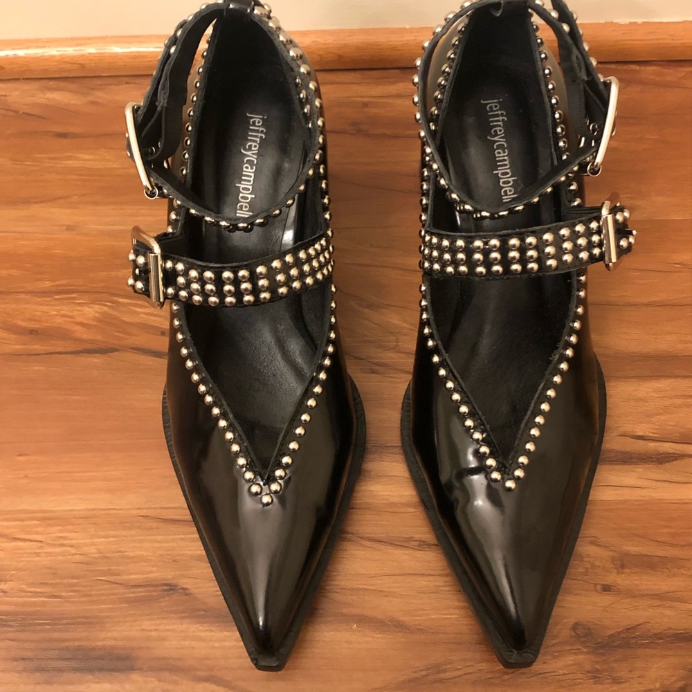 Free People Black Patent Studded Mary Jane Block Heels - Picture 3 of 9